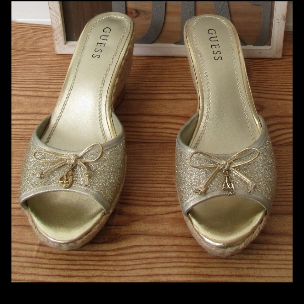 Guess Glitter Peep-Toe Wedges Size 7.5